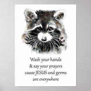 Poster Christian Washroom Lavez vos mains Raccoon Animal