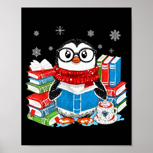 Poster Christmas A Penguin Reading Book Snowflake Cocoa H (Devant)
