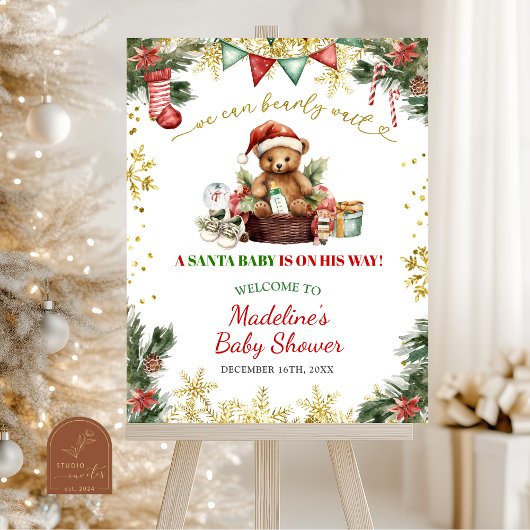 Poster Christmas Bear Santa Boy Baby Shower Welcome Sign
