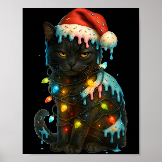 Poster Christmas Black Cat Ice Cream Drip Santa Hat Cute  (Devant)