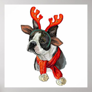 Poster Christmas Boston terrier dog Throw Pillow
