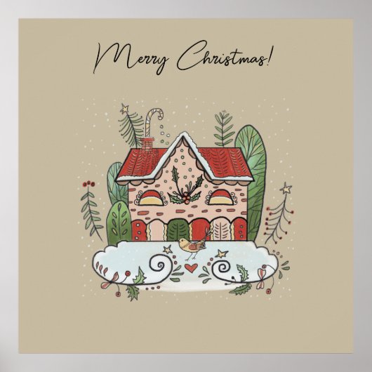 Poster Christmas Gingerbread House Bird Winter  (Devant)