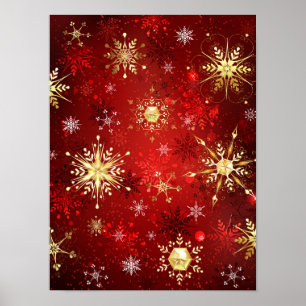 Poster Christmas Golden Snowflakes on Red Background