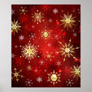Poster Christmas Golden Snowflakes on Red Background