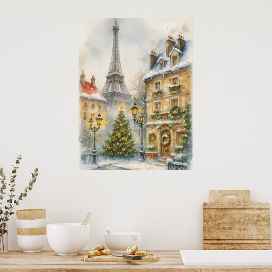 Poster Christmas in Paris Watercolor Eiffel Tower Scene (Cuisine)
