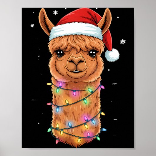 Poster Christmas Lights Alpaca Santa Hat Llama Cute Xmas  (Devant)