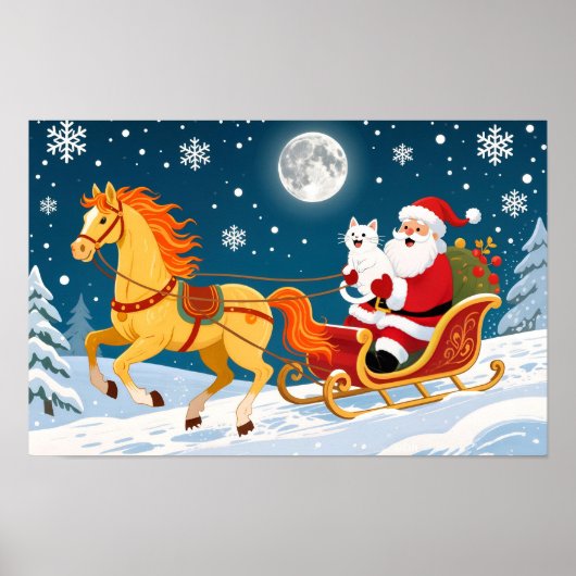 Poster Christmas, New Year, Red Horse, Santa & White Cat (Devant)