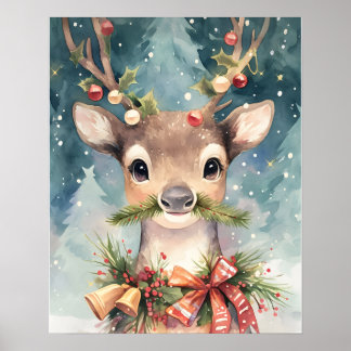 Poster Christmas Reindeer Watercolor Wall painting Decor