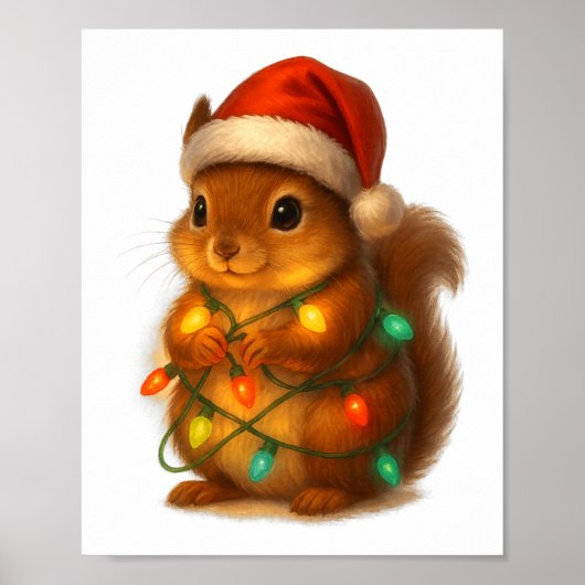 Poster Christmas Squirrel Santa Hat Wrapped In Lights Fun (Devant)