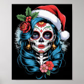Poster Christmas Sugar Skull Art Woman Santa Hat Festive (Devant)
