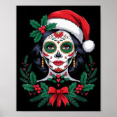 Poster Christmas Sugar Skull Art Woman Santa Hat Festive (Devant)