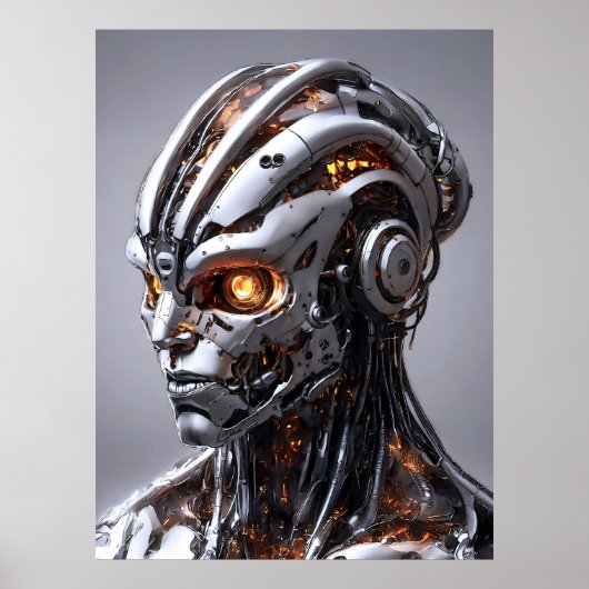 Poster Chrome Cyborg Orange Glow Sci-Fi AI Portrait (Devant)