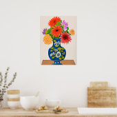 Poster Chrysanthèmes dans un vase chinois bleu (Cuisine)