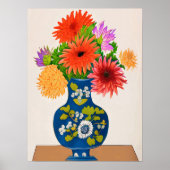 Poster Chrysanthèmes dans un vase chinois bleu (Devant)