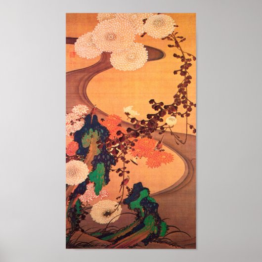 Poster Chrysanthèmes par un ruisseau avec des rochers (17 (Devant)
