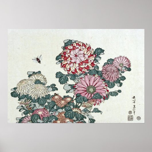 Poster Chrysanthemums & Bee, Art japonais par Hokusai (Devant)