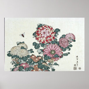 Poster Chrysanthemums & Bee, Art japonais par Hokusai