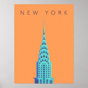 Poster Chrysler Building New York Art Deco - Text Orange