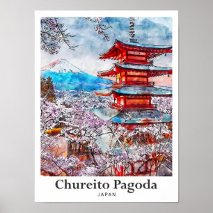 Poster Chureito Pagoda Japon Voyage Aquarelle main tirée