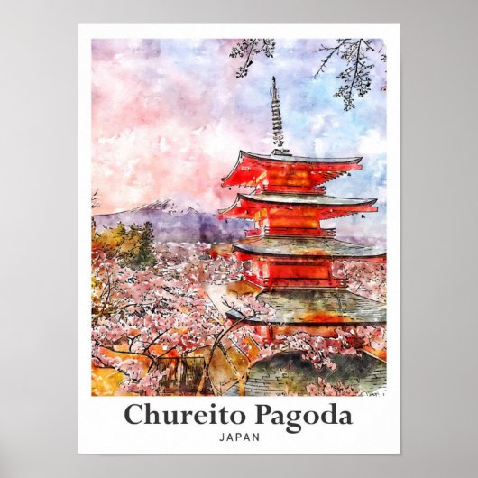Poster Chureito Pagoda Japon Voyage Aquarelle main tirée (Devant)
