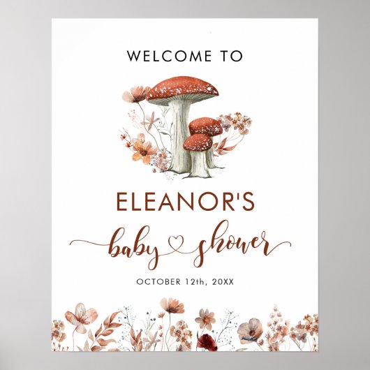 Poster Chute Boho Champignon Floral Baby shower signe de  (Devant)