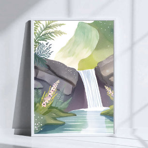 Poster Chute d'eau murmure   Paysage aquarelle de la natu