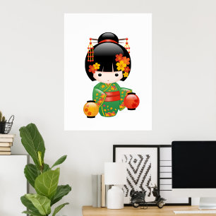 Poster Chute Poupée Kokeshi - Green Kimono Geisha Girl