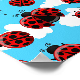 Poster Ciel Bleu Nuages Blancs Coléoptère Coccinelle Roug