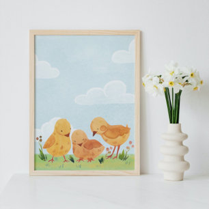 Poster Ciel bleu nuages poussins fleurs en aquarelle pour