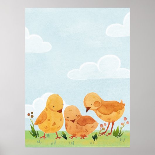 Poster Ciel bleu nuages poussins fleurs en aquarelle pour (Devant)