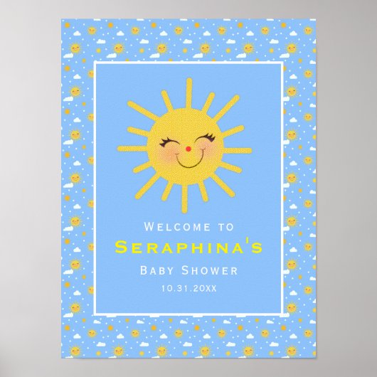 Poster Ciel bleu souriant Baby shower soleil jaune (Devant)