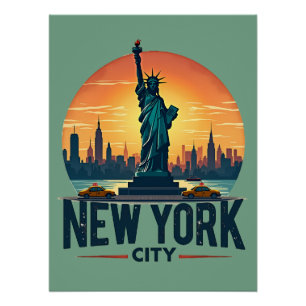 Poster Ciel de New York rétro avec la Statue de la Libert