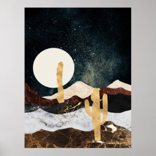 Poster Ciel de nuit du désert Abstrait avec Cactus d'or