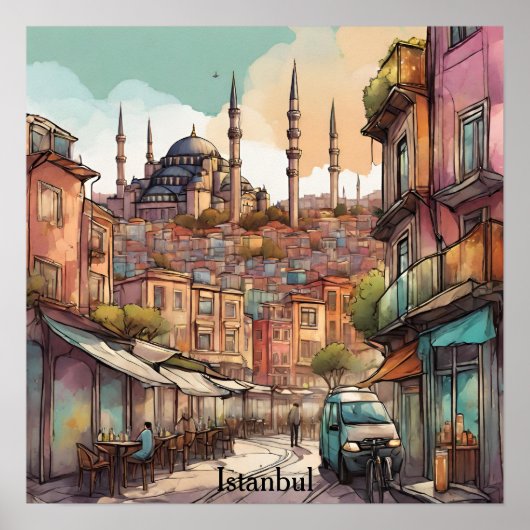 Poster Ciel d'Istanbul aquarelle coloré (Devant)