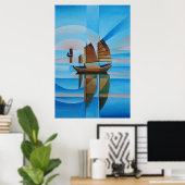 Poster Ciel doux, Mer Céruleenne et Joncs Cubistes (Bureau à domicile)