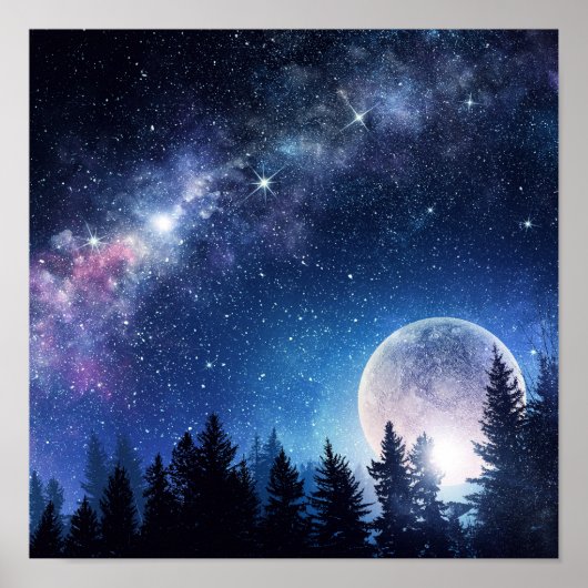 Poster Ciel étoilé et Lune au-dessus d'une forêt (Devant)