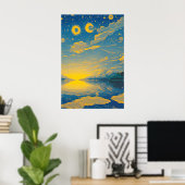 Poster Ciel magique, Étoiles, Nuages, Lac, Peinture rétro (Bureau à domicile)