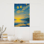 Poster Ciel magique, Étoiles, Nuages, Lac, Peinture rétro (Cuisine)