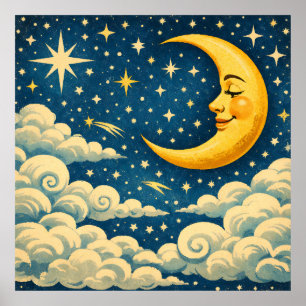 Poster Ciel nocturne au croissant de lune vintage