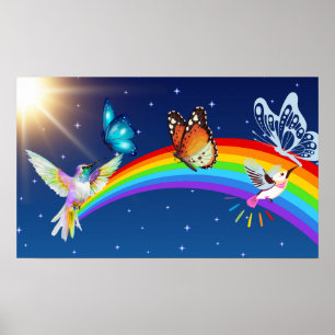 Poster Ciel nocturne, deux oiseaux, des papillons et un a