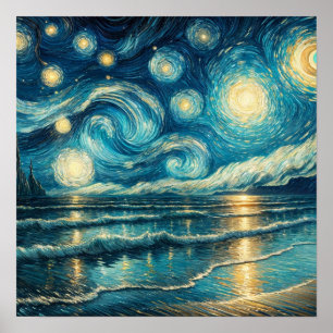Poster Ciel nocturne étoilé au-dessus de l'océan calme