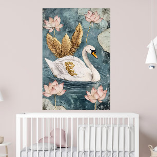 Poster cigne blanc entouré de fleurs de lotus.