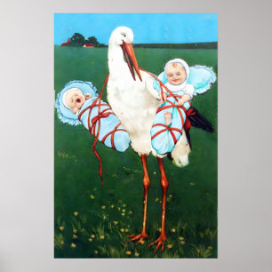 POSTER CIGOGNE JUMEAUX GARÇON BABY SHOWER MONOGRAMME,