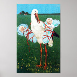 POSTER CIGOGNE JUMEAUX GARÇON BABY SHOWER MONOGRAMME,