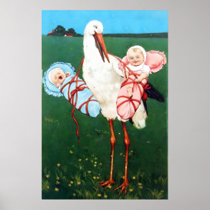 POSTER CIGOGNE JUMEAUX GARÇON ET FILLE BABY SHOWER MONOGR