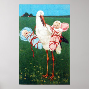 POSTER CIGOGNE JUMEAUX GARÇON ET FILLE BABY SHOWER MONOGR