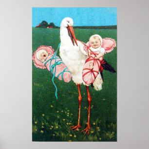 POSTER CIGOGNE JUMELLES FILLE FETE DE NAISSANCE MONOGRAMM