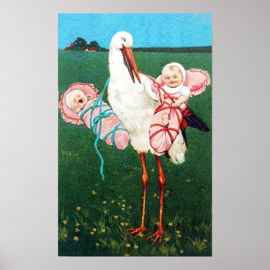 POSTER CIGOGNE JUMELLES FILLE FETE DE NAISSANCE MONOGRAMM (Devant)
