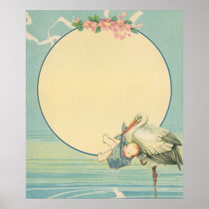 Poster Cigogne vintage portant un bébé garçon dans une co