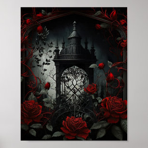 Poster Cimetière gothique Jardin Rose avec Rouge et Noir